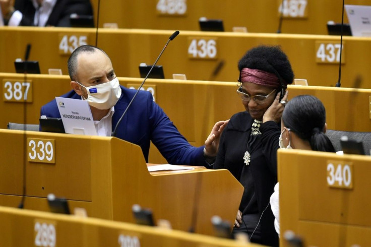 German MEP Pierrette Herzberger-Fofana (C) is pictured during the plenary session on racism at the European Parliament in Brussels on June 17