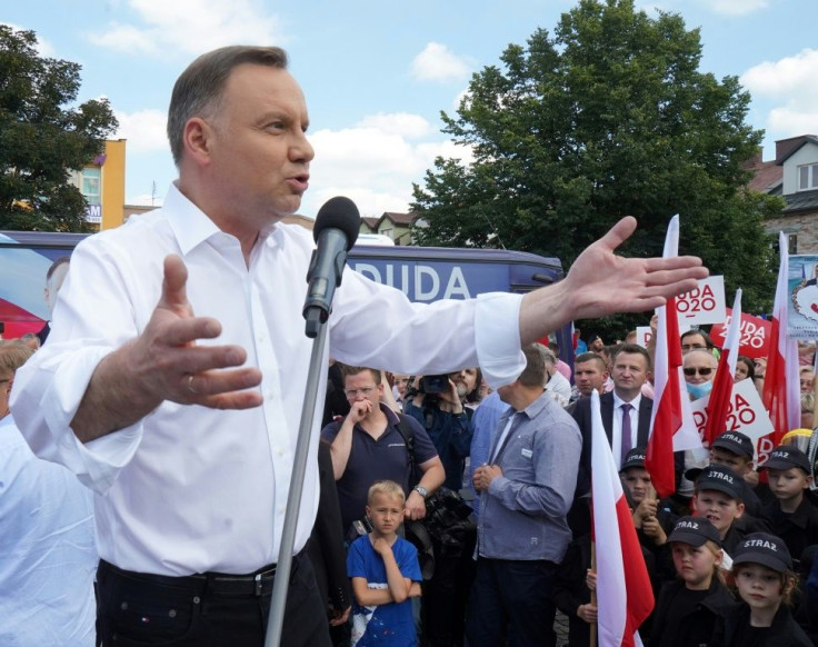 Polish President Andrzej Duda, pictured on the campaign trail on June 16, 2020, has been losing support recently