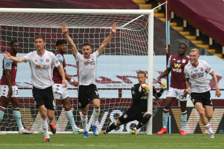 Sheffield United were denied a goal even  though  Aston Villa's Orjan Nyland carried the ball over the line