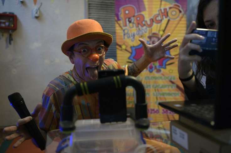 Argentine clown Gabriel Valino performs for an online children's birthday party