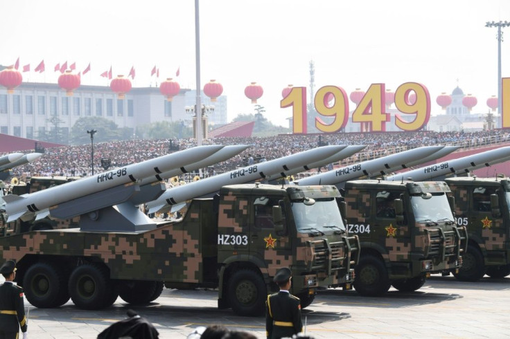 Military vehicles carry HHQ-9B surface-to-air missiles in an October 2019 parade in Beijing to mark the 70th anniversary of the founding of the People's Republic of China -- the US wants Beijing to join a trilateral arms control deal with Moscow