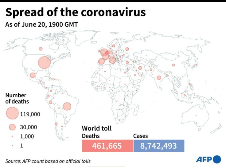 World map showing official number of coronavirus deaths per country, as of June 20 at 1900 GMT