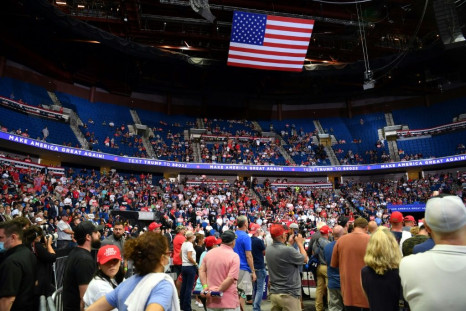 The upper section of the arena is seen partially empty as US President Donald Trump speaks during a campaign rally at the BOK Center on June 20, 2020 in Tulsa, Oklahoma
