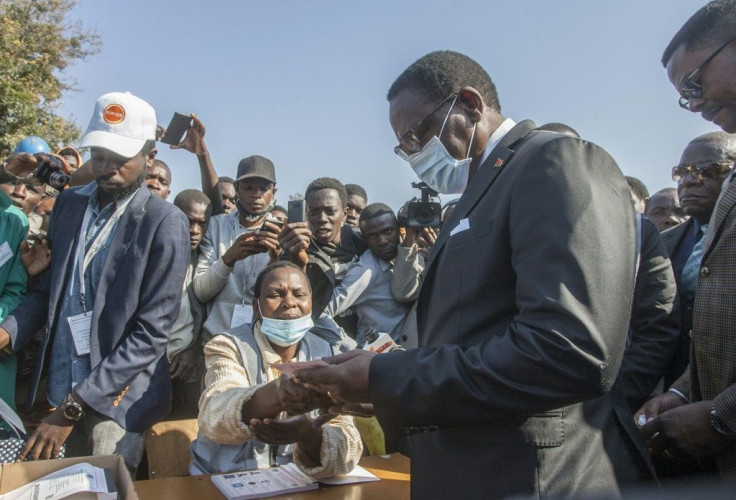 Chakwera wore a mask as he cast his ballot at a school in Lilongwe