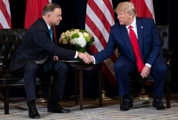 US President Trump shakes hands with Polish President Duda in New York in September 2019. Duda is visiting Washington four days before a crucial election in Poland