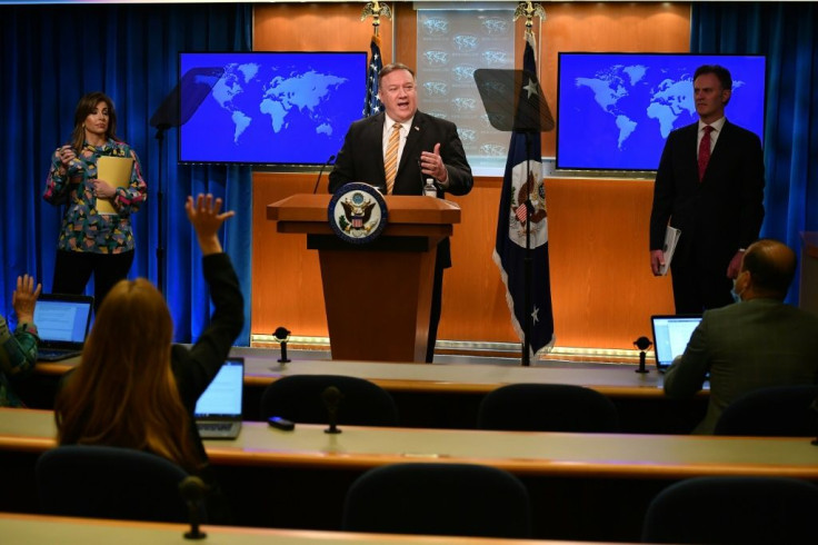 US Secretary of State Mike Pompeo defends Israel during a news conference at the State Department