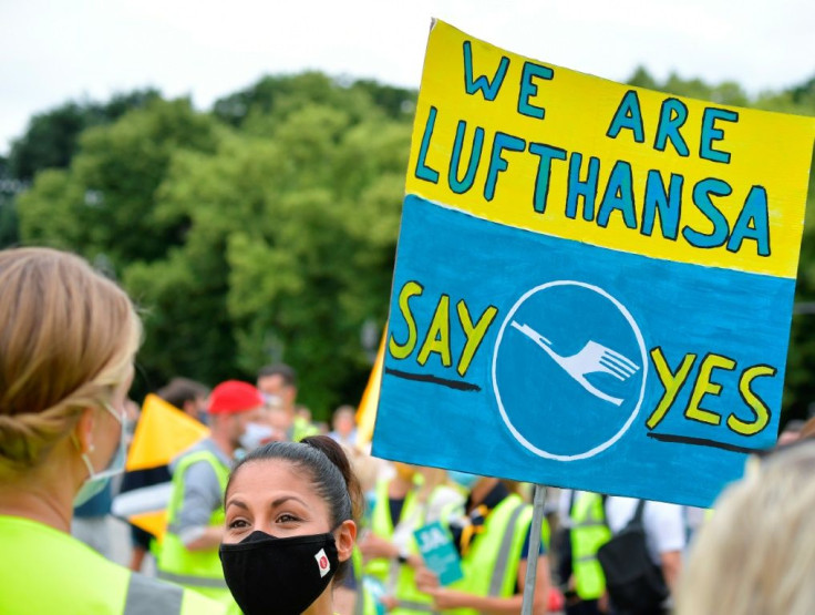 Employees of German airline Lufthansa hit the streets to encourage shareholders to back a bailout plan