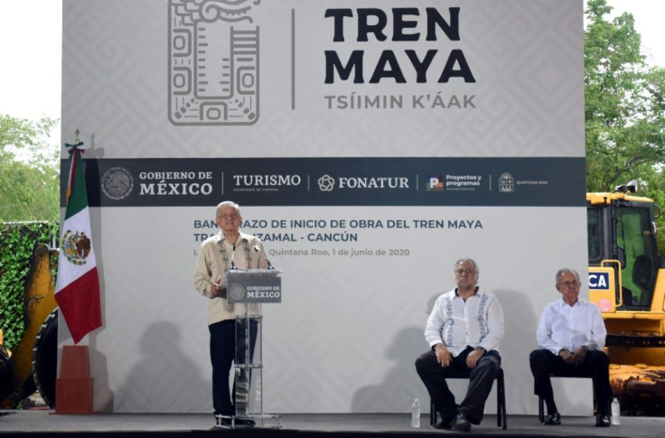 The so-called "Maya Train" is a pet project of Mexican President Andres Manuel Lopex Obrador -- he is seen here in early June 2020 at a ceremony marking the laying of the first stone