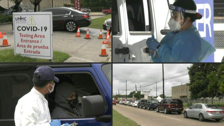 Long lines of cars stretch around the corner at the COVID-19 drive-through testing site at Houston's United Memorial Medical Center, as coronavirus cases in Texas surge.