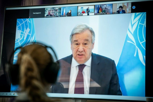 United Nations Secretary-General Antonio Guterres, shown in this April 2020 photo, said the coronavirus has bared "severe and systemic inequalities" and world leaders need to acknowledge the value of global cooperation