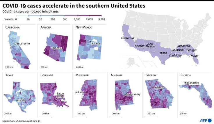 Map of the US showing 9 states with the number of new cases of COVID-19 by county and per 100,000 inhabitants.