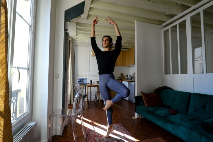 Paris Opera ballet star Francesco Mura practises in his apartment during lockdown
