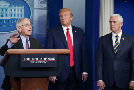 Director of the National Institute of Allergy and Infectious Diseases Anthony Fauci, flanked by US President Donald Trump and US Vice President Mike Pence, speaks during a task force briefing in late April