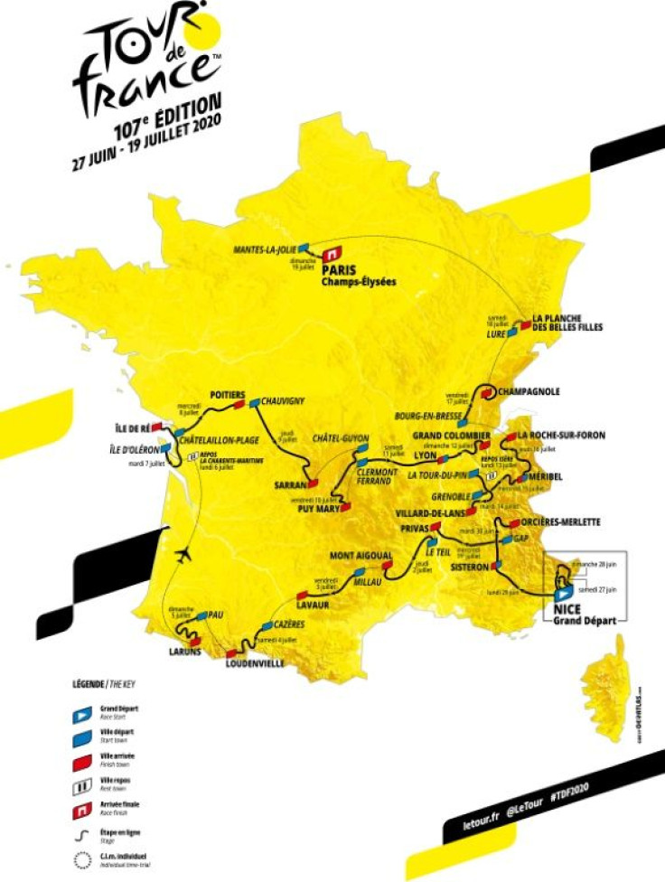 The map of the official route of the 2020 edition of the Tour de France