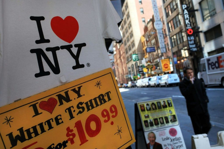 A T-shirt with the famous "I (Heart) NY" logo designed by Milton Glaser is on display at a Times Square store in New York City