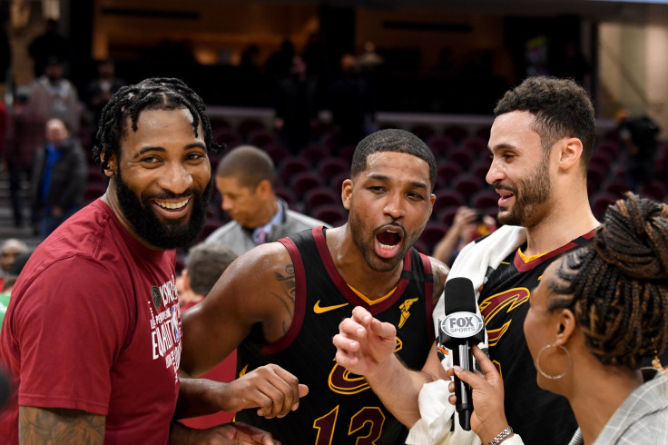 Andre Drummond #3 Tristan Thompson #13 and Larry Nance Jr. #22 of the Cleveland Cavaliers 