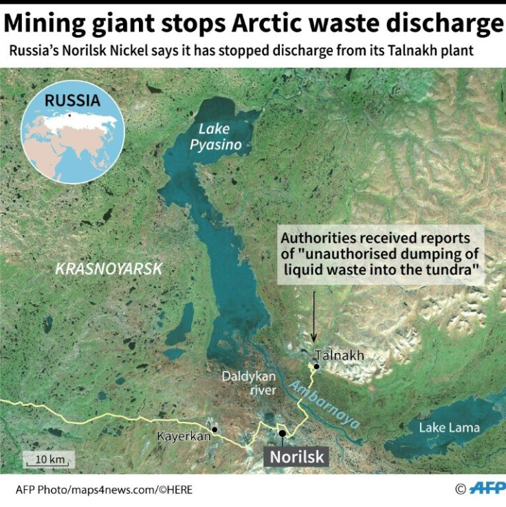 Map locating Russian mining giant Norilsk Nickel's Talnakh enrichment plant near the Arctic city of Norilsk