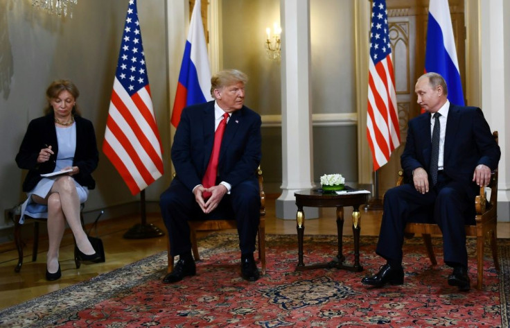 Russian President Vladimir Putin and US President Donald Trump at a July 2018 summit in Helsinki where Trump controversially acknowledged Putin's denials of election meddling