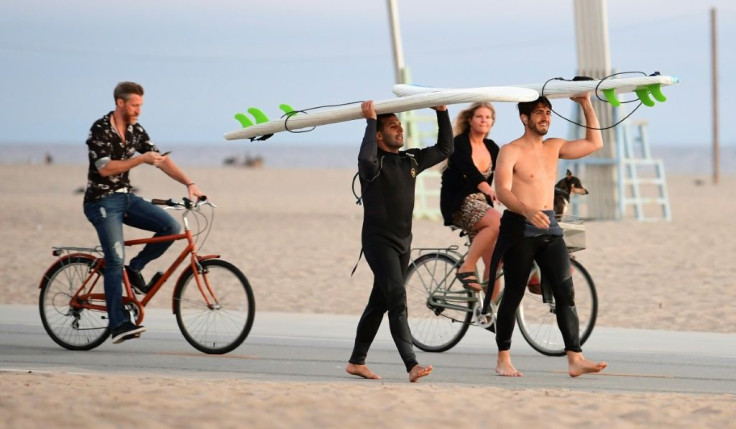 Beachgoers on Santa Monica Beach in California