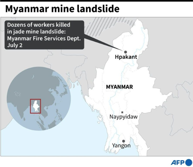 Map of Myanmar locating the site of a jade mine landslide where dozens of workers have been killed, according the the fire services department on Thursday.