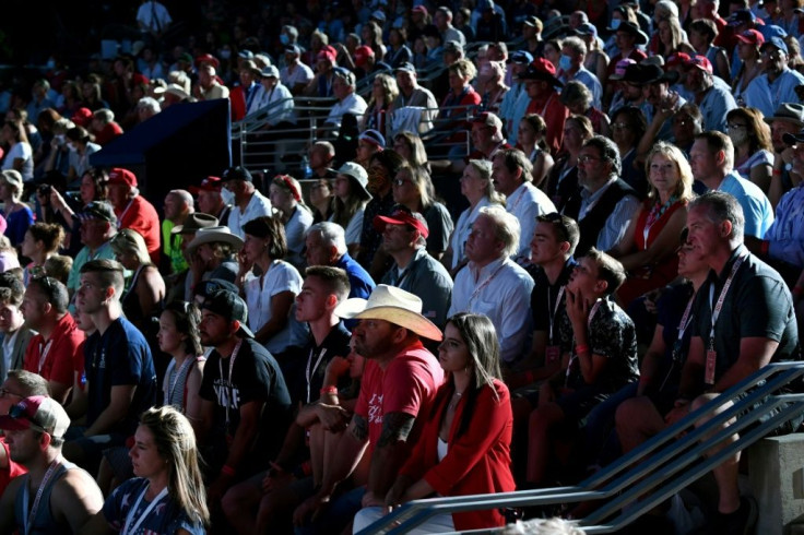 Few of the closely-packed supporters at the Mount Rushmove event on July 3, 2020 wore face masks