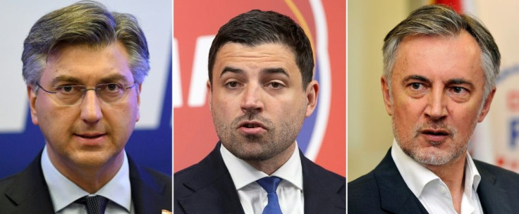 Croatian Prime Minister Andrej Plenkovic (left) is competing with opposition leader Davor Bernardic (centre)and folk singer Miroslav Skoro (right) who heads a right-wing party