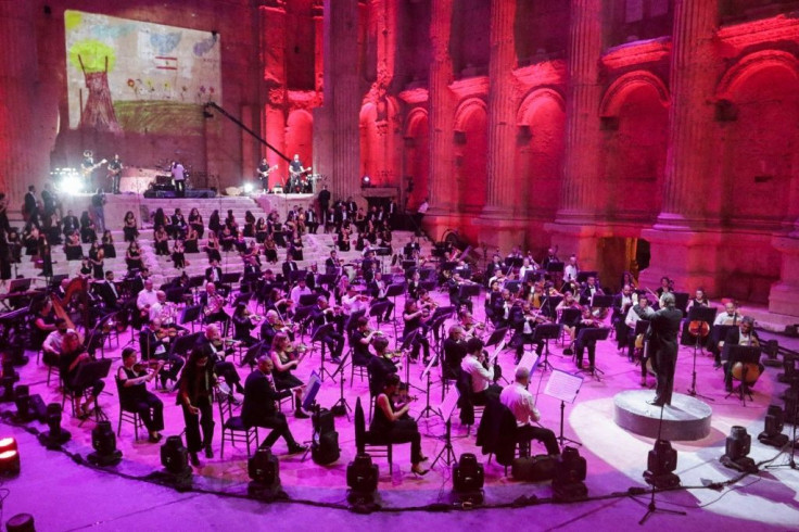 Rehearsals ahead of the Sound of Resilience concert inside the Temple of Bacchus at the historic site of Baalbek in Lebanon's eastern Bekaa Valley, on July 4, 2020