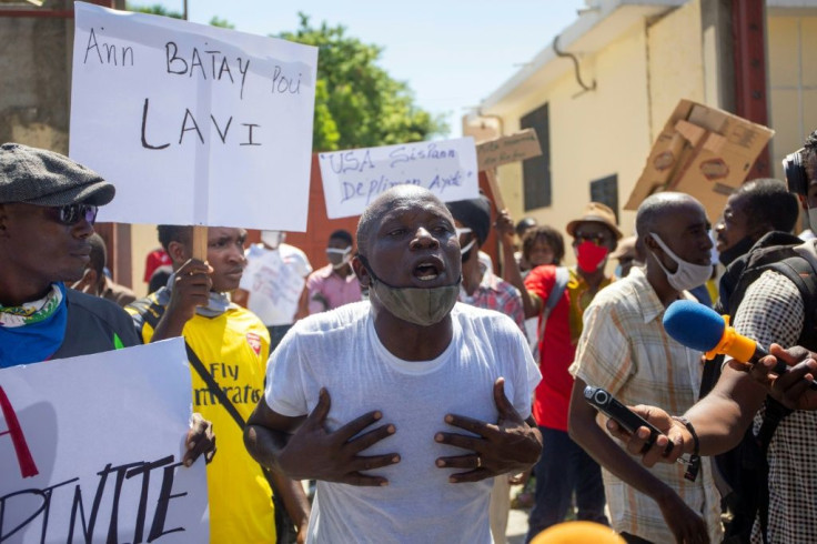 A demonstration against police brutality and alleged human rights violations on July 6, 2020, near the Ministry of Justice in Port-au-Prince.