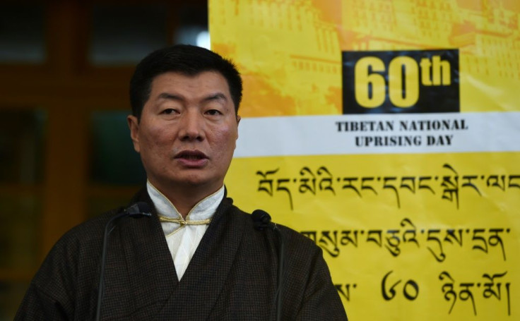 The leader of the Tibetan government in exile, Lobsang Sangay, addresses a gathering at the Dalai Lama's temple during the 60th anniversary of the Tibetan Uprising Day that commemorates the 1959 Tibetan uprising, in McLeod Ganj on March 10, 2019