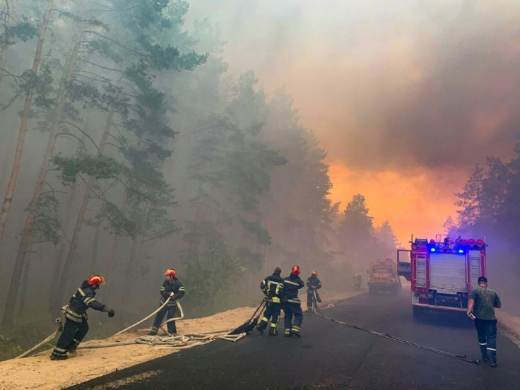 This handout picture taken and released by the press service of the State Emergency Service of Ukraine on July 7, 2020 shows firefighters extinguishing a wildfire at Novoaydarivsk district, Lugansk region