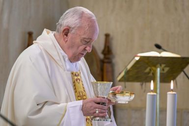 This photo taken and handout on July 8, 2020 by the Vatican Media shows Pope Francis celebrating the Eucharist during a mass at the Santa Marta chapel in The Vatican, marking the 7th anniversary of his visit to Lampedusa on July 8, 2013.