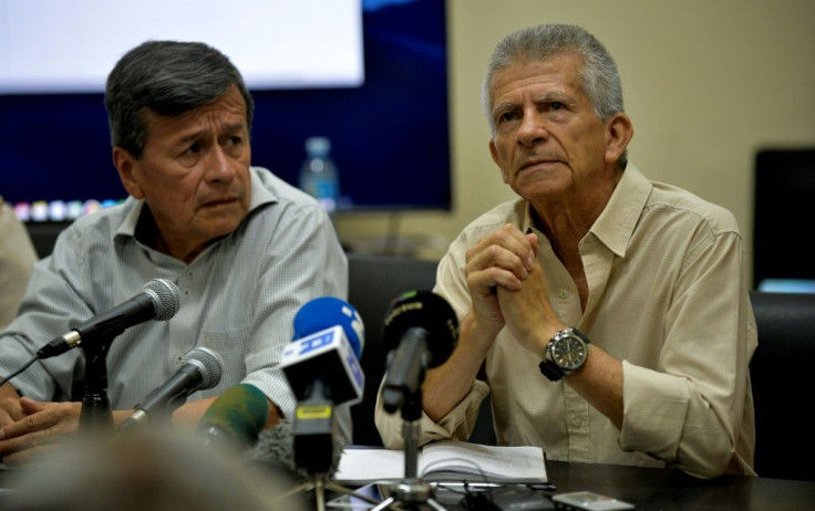 Pablo Beltrán (left) and Aureliano Carbonell, pictured in July 2019, represented the ELN in Cuban-hosted peace talks with the Colombian government