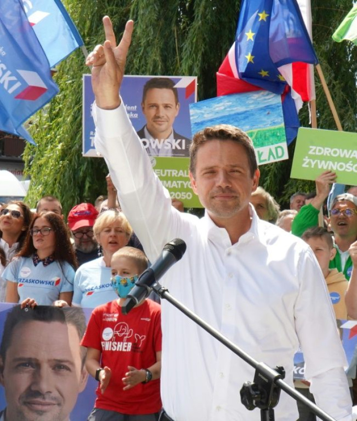 For some rural voters, Warsaw Mayor and Duda rival Rafal Trzaskowski, seen on the electoral stump in Raciaz, represents an urban elite