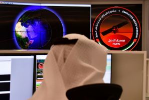 An employee in the control room of the Mars Mission at the Mohammed Bin Rashid Space Centre in the Gulf city of Dubai