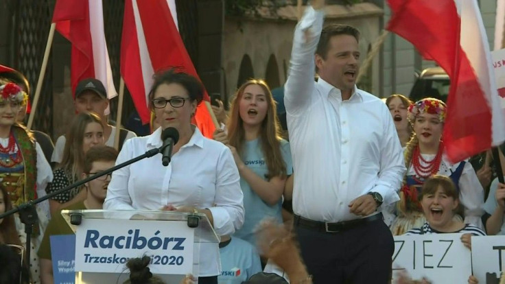 IMAGESPolish opposition candidate Rafal Trzaskowski arrives at a rally in Raciborz on the last day of the campaign before the second round of the presidential election. The liberal contender could narrowly defeat Poland's right-wing incumbent president An