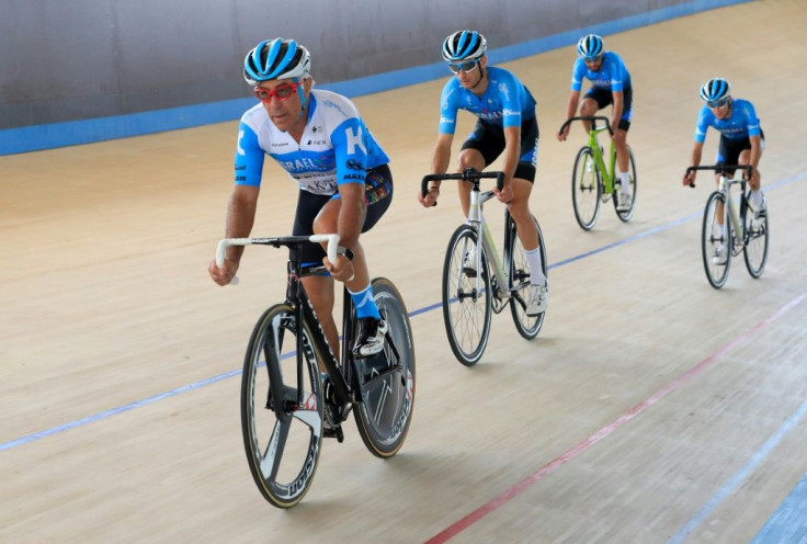 Israeli-Canadian billionaire Sylvan Adams rides with members of his team Start-Up Nation at his velodrome in Tel Aviv