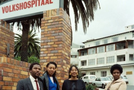 File picture from November 1985 at the height of the apartheid era: Winnie Madikizela-Mandela with her daughters Zenani, centre, and Zindzi, left, visiting Nelson Mandela after he underwent surgery in a Cape Town hospital