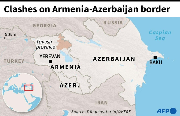 Map of Azerbaijan and  Armenia locating the Armenian province of Tavush where border clashes occurred