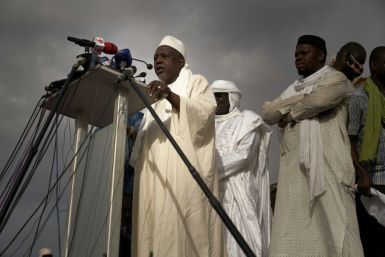 Imam Mahmoud Dicko addresses the crowd in Bamako's Independence Square on June 5, the date when the protest movement began