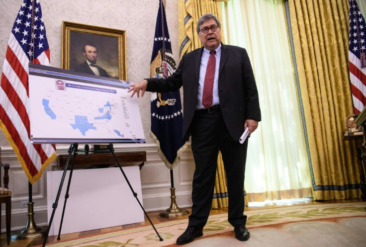 US Attorney General Bill Barr describes operations against the MS-13 gang during a briefing in the White House