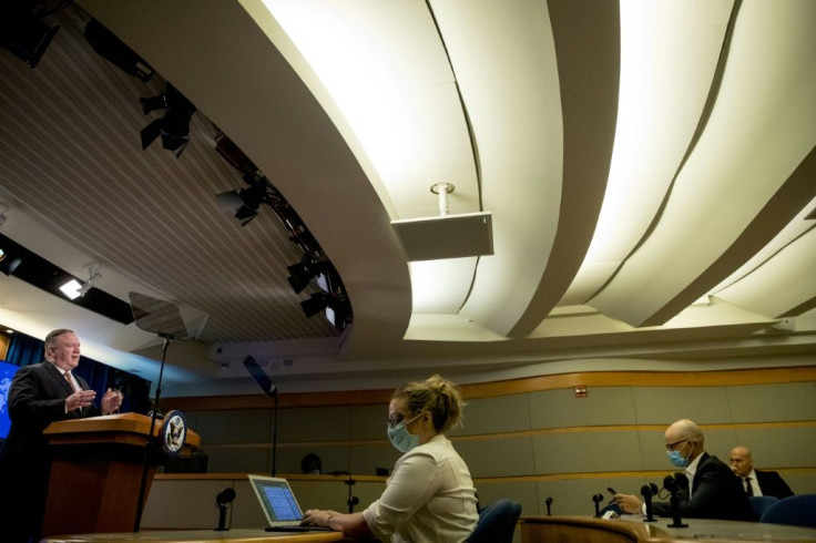 Secretary of State Mike Pompeo threatens harsher measures against the Nord Stream 2 pipeline during a news conference at the State Department