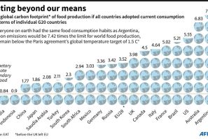 Among the world's top economies, only the per capita carbon "food-print" in India and Indonesia is low enough to ensure the Paris climate target of capping global warming at 1.5 degrees Celsius