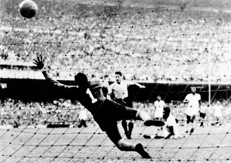 Uruguay's Juan Schiaffino scores the equalizing goal against Brazil in the decisive match of the 1950 World Cup that would forever more be known as the 'Maracanazo'