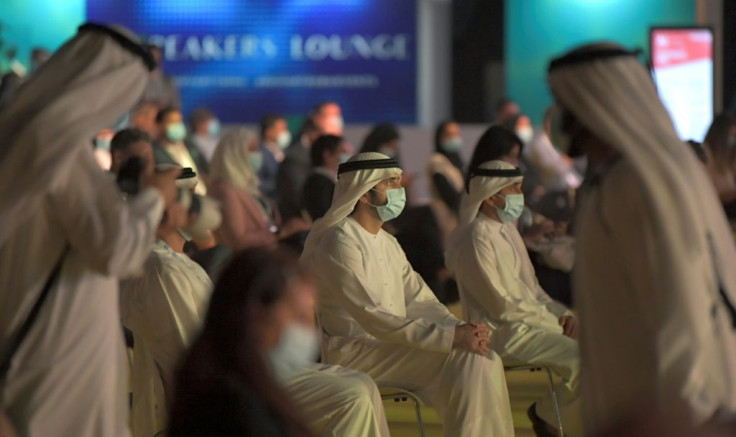Dubai's Crown Prince Sheikh Hamdan bin Mohammed Al-Maktoum (C) attends the conference. Dubai hosts dozens of conventions every year, but for months the virus forced the lucrative sector to move from conference halls to computer screens