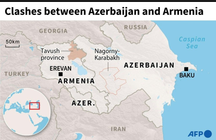 Map of Azerbaijan and  Armenia locating the Armenian province of Tavush where   border clashes have occurred