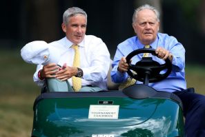 Jack Nicklaus and US PGA Tour Commissioner Jay Monahan ride in a cart during the first round of the 2020 Memorial tournament