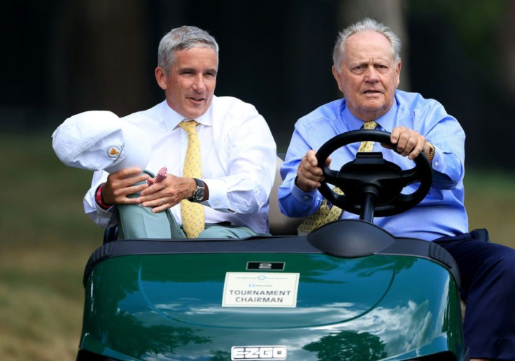 Jack Nicklaus and US PGA Tour Commissioner Jay Monahan ride in a cart during the first round of the 2020 Memorial tournament