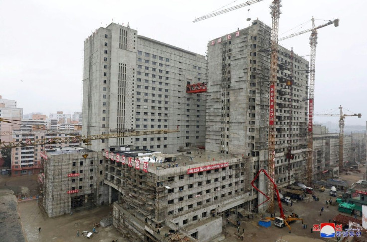 The Pyongyang General Hospital is under contruction in a prime location in the capital across the Taedong river from Mansu hill