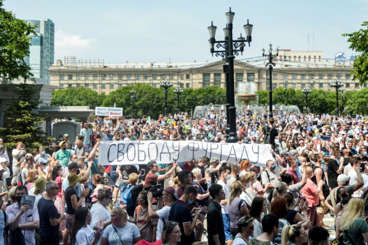 Protesters hold a sign reading "Freedom for Furgal!", referring to the Far Easter region of Khabarovsk's sacked governor Sergei Furgal
