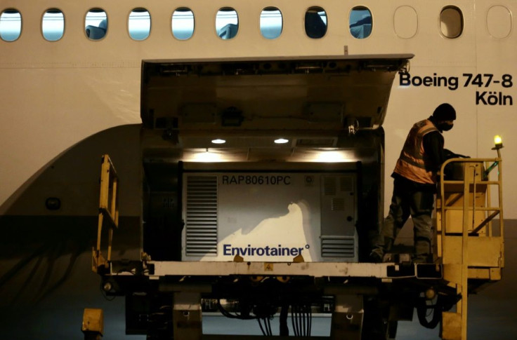 A handout picture released by the Sao Paulo State Government shows the cargo shipment of COVID-19 vaccines produced by the Chinese company Sinovac Biotech upon arrival at the Cumbica airport, in Guarulhos, Sao Paulo state, Brazil